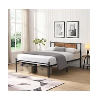 Lucky One King Size Metal Bed Frame with Wood Panel Headboard, Steel Structure, No Box Spring Needed, Under-Bed Storage