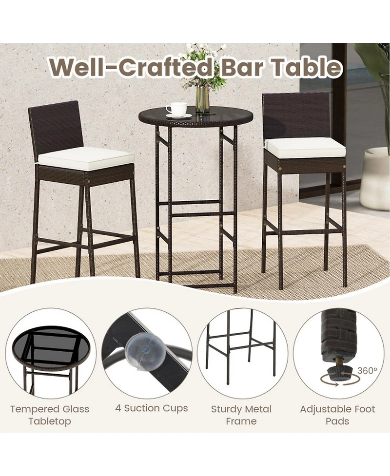 Sugift 3 Piece Outdoor Bar Set with Pe Wicker Stools, Tempered Glass Table and Cushions