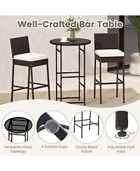 Sugift 3 Piece Outdoor Bar Set with Pe Wicker Stools, Tempered Glass Table and Cushions