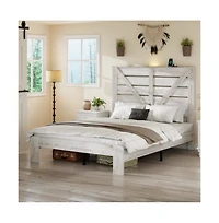 Lucky One Queen Size Wood Platform Bed Frame with Heavy Duty Metal Frame, Industrial Style, Steel Slats, No Box Spring Needed