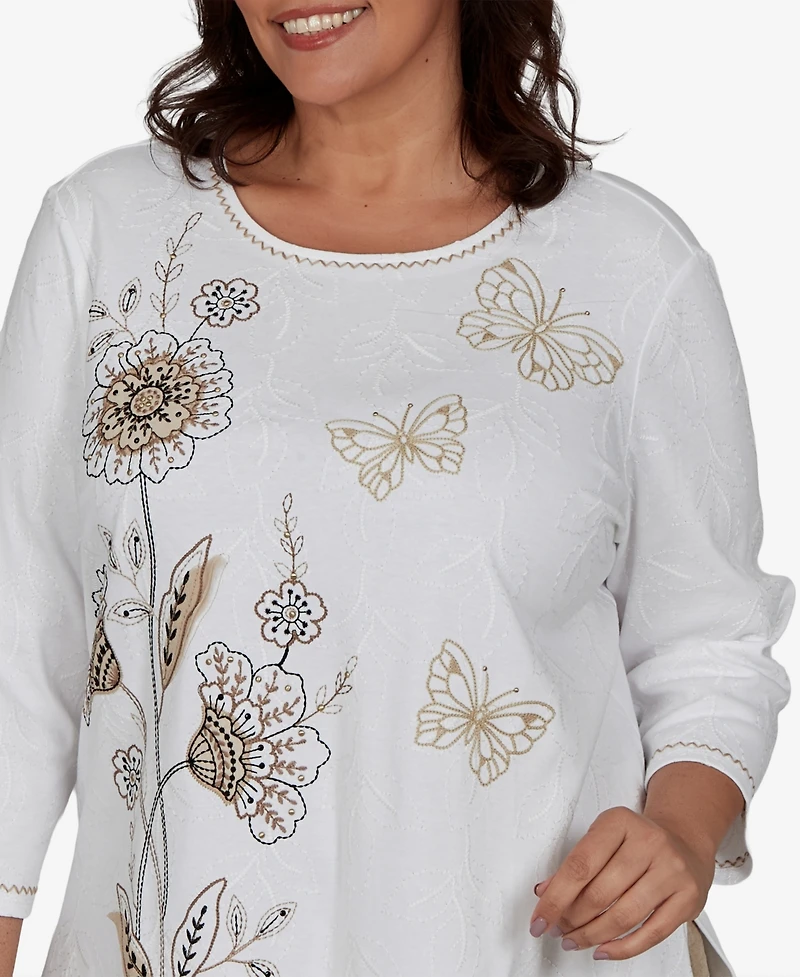 Alfred Dunner Plus Travel Advisory Floral Butterfly Line Embroidered Top