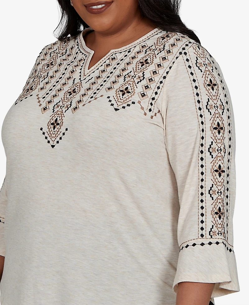 Alfred Dunner Plus Travel Advisory Geo Embroidered Printed Back Top