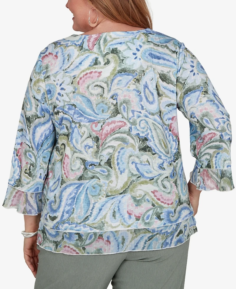 Alfred Dunner Plus Provence Paisley Woven Trim Knit Top