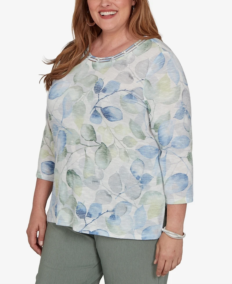 Alfred Dunner Plus Provence Watercolor Allover Leaf Print Top