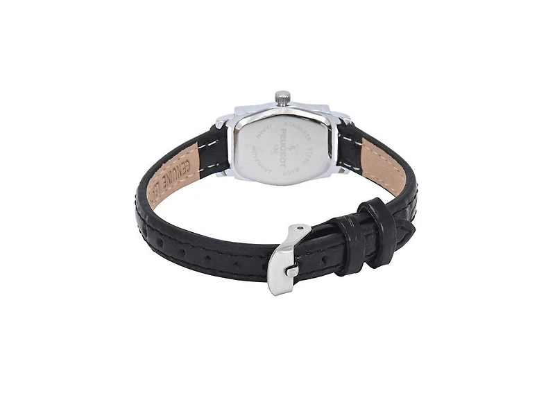 Peugeot Women's Vintage Rectangular Silver Case Small Face Watch with Leather Strap