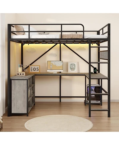 homfan Full Loft Bed with U-Shaped Desk – 6 Cubbies, Power Outlet, Led Lights and Pc Stand, Heavy Duty Metal Frame for Apartment and Small Space