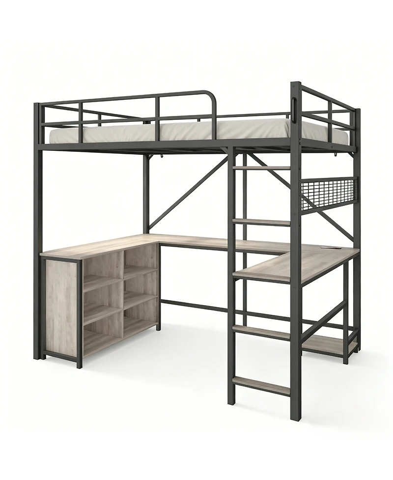 homfan Full Loft Bed with U-Shaped Desk – 6 Cubbies, Power Outlet, Led Lights and Pc Stand, Heavy Duty Metal Frame for Apartment and Small Space