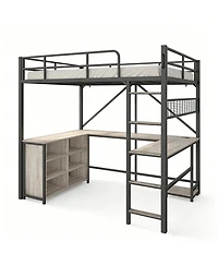 homfan Full Loft Bed with U-Shaped Desk – 6 Cubbies, Power Outlet, Led Lights and Pc Stand, Heavy Duty Metal Frame for Apartment and Small Space