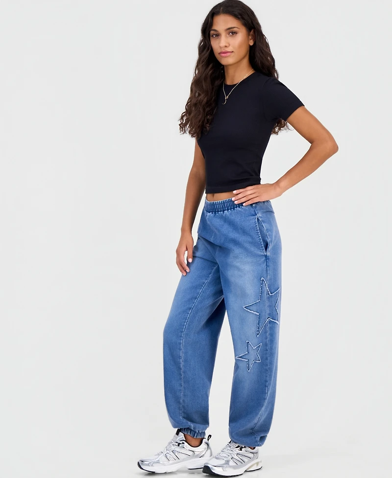 Vanilla Star Juniors' High-Rise Star-Applique Denim Jogger