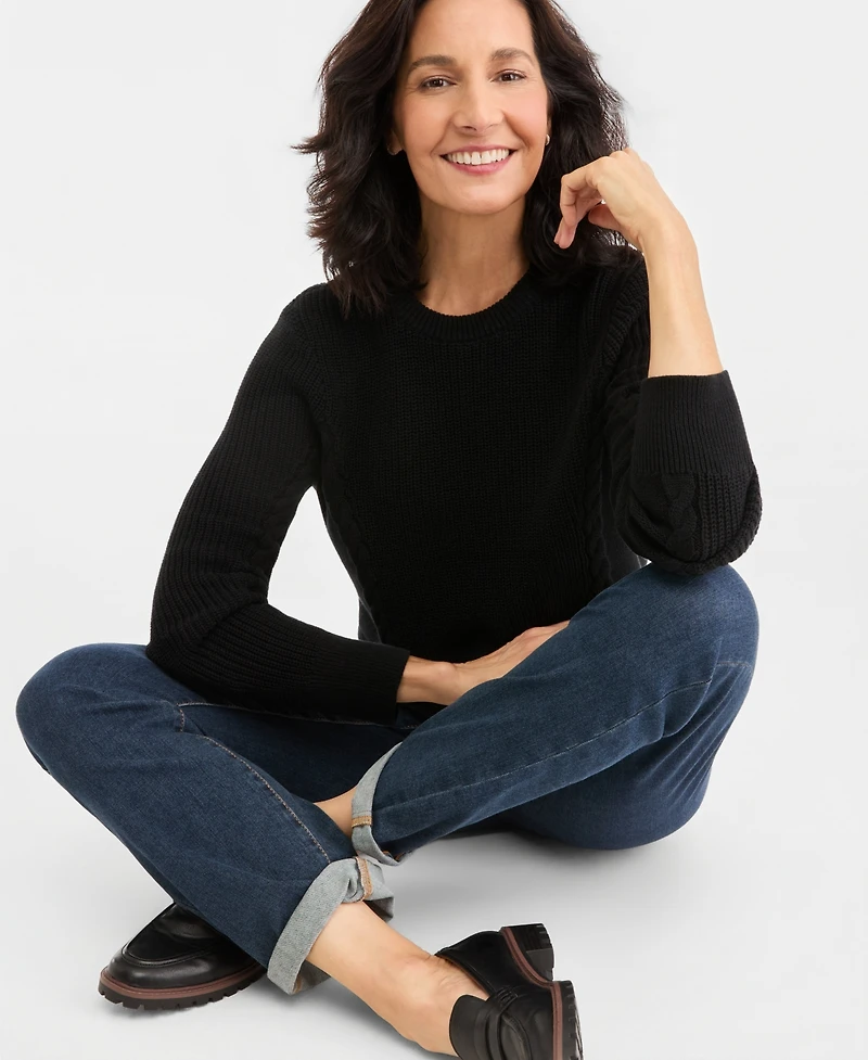 Style & Co Petite Mixed Rib Cable Crew Sweater, Created for Macy's