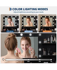 gaomon Vanity Desk with Hd Mirror and 10 Led Bulbs - 3 Adjustable Lighting Modes Power Outlet Hairdryer Rack Makeup Set for Bedroom