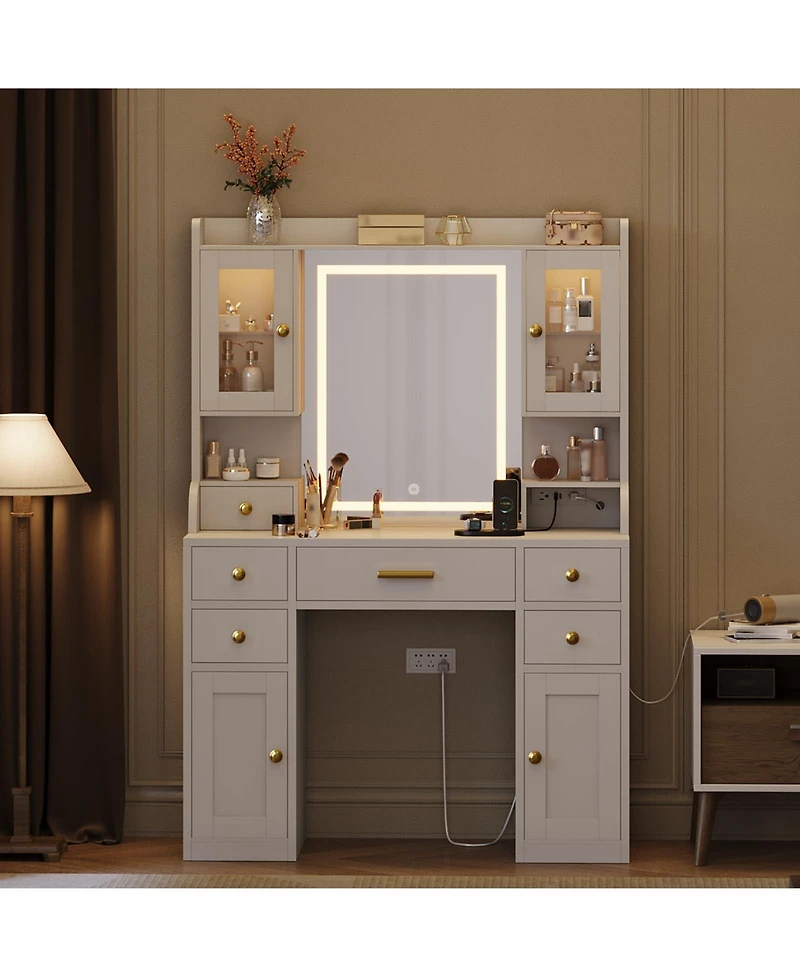 gaomon Vanity Desk with Charging Station and Led Mirror, Large White and Gold Makeup Dressing Table, 3 Light Modes, 6 Drawers, Cabinet and Shelves