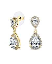 Bling Jewelry Cocktail Cubic Zirconia Cz Double Solitaire Teardrop Dangle Earrings Gold Plated