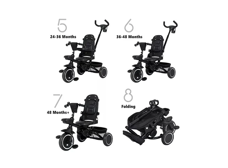 Kinder King 8-in-1 Folding Kids Tricycle Stroller with Adjustable Push Handle, Convertible Toddler