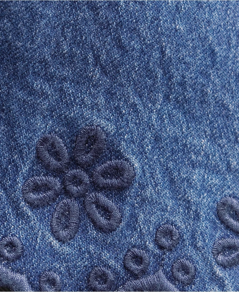 Lands' End Women's Soft Denim 5 Pocket Above the Knee Skirt with Embroidered Hem
