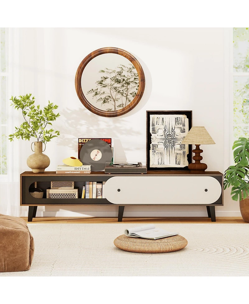 Slickblue Mid-Century Tv Stand for 80" TVs with Sliding Door Cabinet