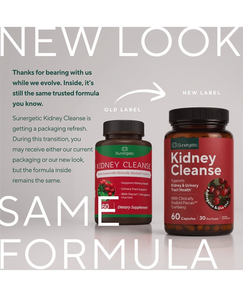 Sunergetic Kidney Cleanse Supplement with Pacran Cranberry, Astragalus and Herbal Blend for Kidney and Urinary Tract Support, 60 Capsules