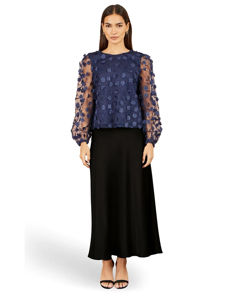 Yumi Women's Sheer Sleeve Applique Flower Top