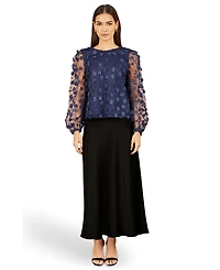 Yumi Women's Sheer Sleeve Applique Flower Top