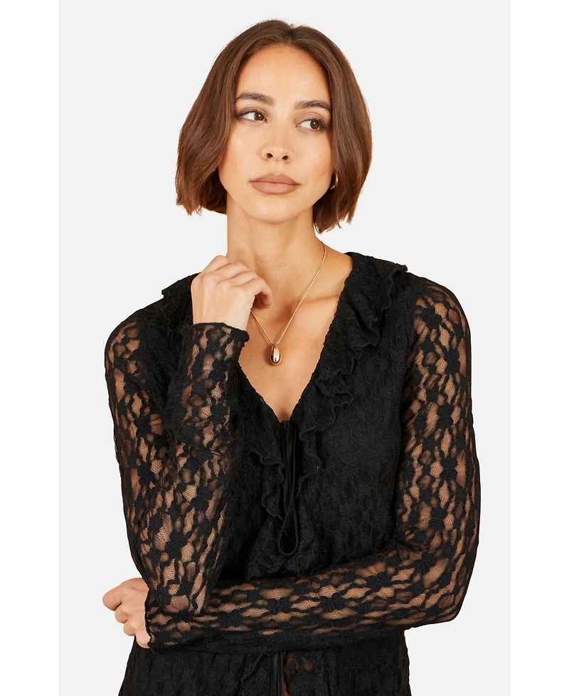 Yumi Women's Ruffled Lace Tie Neck Top