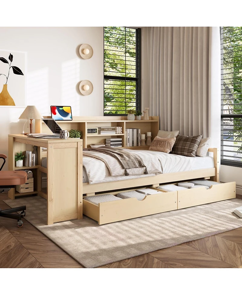 Streamdale Furniture Twin Corner Daybed With Storage, Desk, Charging, Bookcase