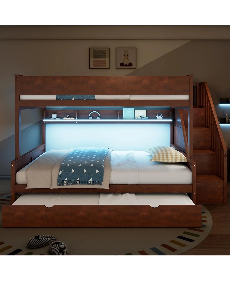 Streamdale Furniture Xl Bunk Bed with Storage, Stairs, Trundle, Led Light