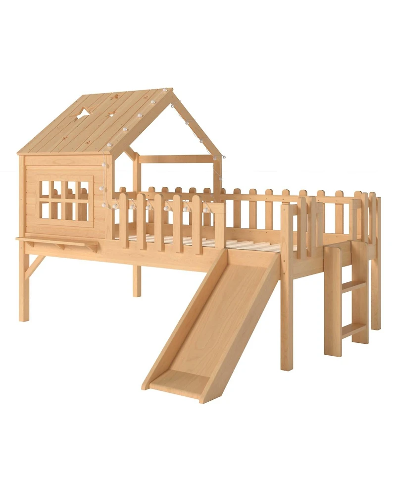 Streamdale Furniture Loft Bed with Slide, Playhouse, Stars, Window, Led Lights