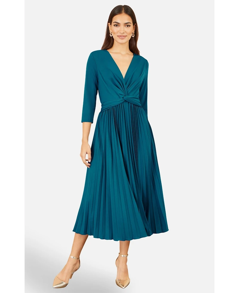 Yumi Women's V-Neck 3/4 Sleeve Pleated Midi Dress