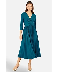 Yumi Women's V-Neck 3/4 Sleeve Pleated Midi Dress