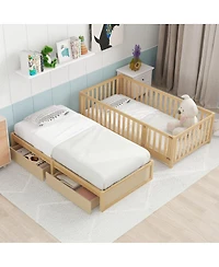 Streamdale Furniture Twin Wood Daybed With Drawers, Fence Rails, Floor Bed Option