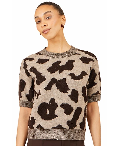 Yumi Women's Leopard Intarsia Short-Sleeve Sweater