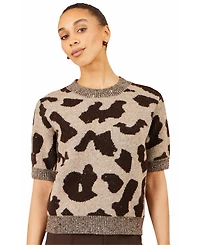 Yumi Women's Leopard Intarsia Short-Sleeve Sweater