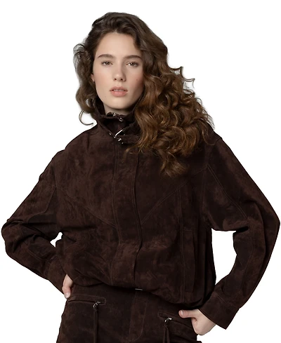 Blank Nyc Women's Midnight Drift High Collar Suede Bomber Jacket