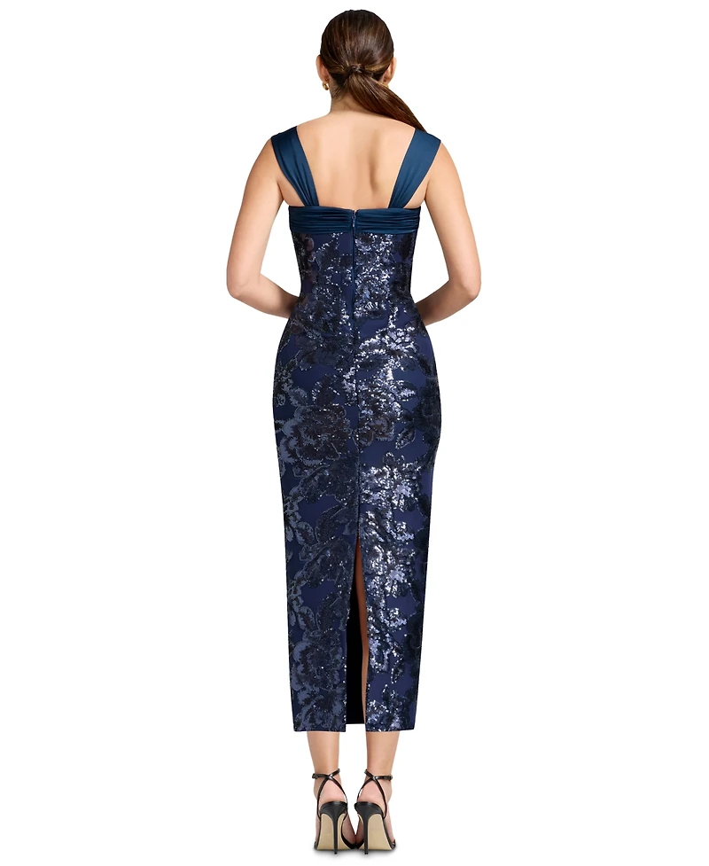 Dress the Population Women's Sequin Square Neck Bodycon Tea Length