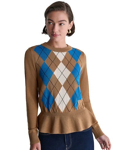 Bcbg Women's Long-Sleeve Crewneck Argyle Peplum Sweater