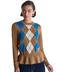 Bcbg Women's Long-Sleeve Crewneck Argyle Peplum Sweater