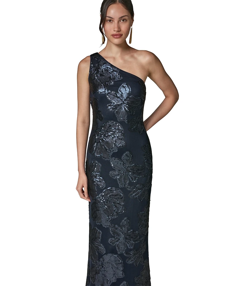 Donna Karan New York Women's One-Shoulder Floral Sequin Mesh Dress