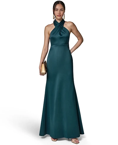 Donna Karan New York Women's Halter Neck Mikado Cross-Front Gown