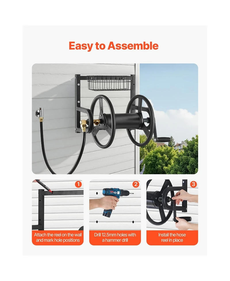 Vevor Wall Mounted Garden Hose Reel 125ft 5/8 in Hose Holder Brass Fitting and Basket