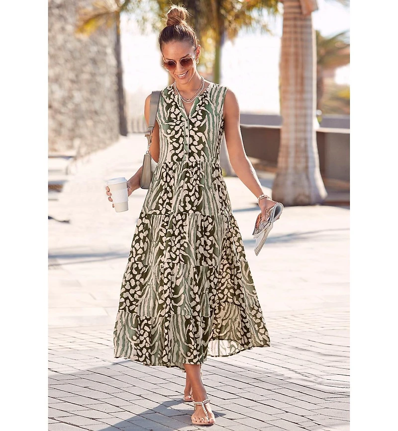 Lascana Women's Viscose Animal Print Sleeveless V-Neck Maxi Dress