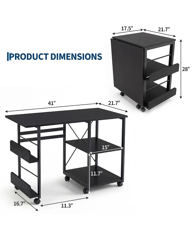 Gaomon 31.5" Rolling Folding Desk with Storage Shelf and Side Organizer