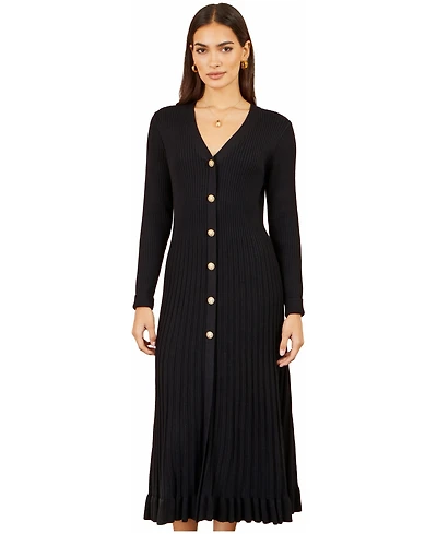 Yumi Women's Long Sleeve Ribbed Midi Knit Dress