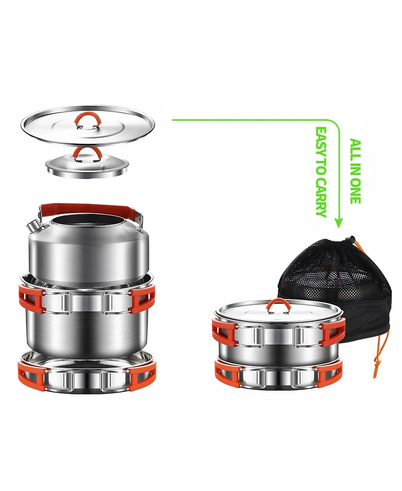 Piscifun 4 Piece 304 Stainless Steel Camping Cookware Set With Frying Pan Pot Kettle And Mesh Bag For Hiking Travel