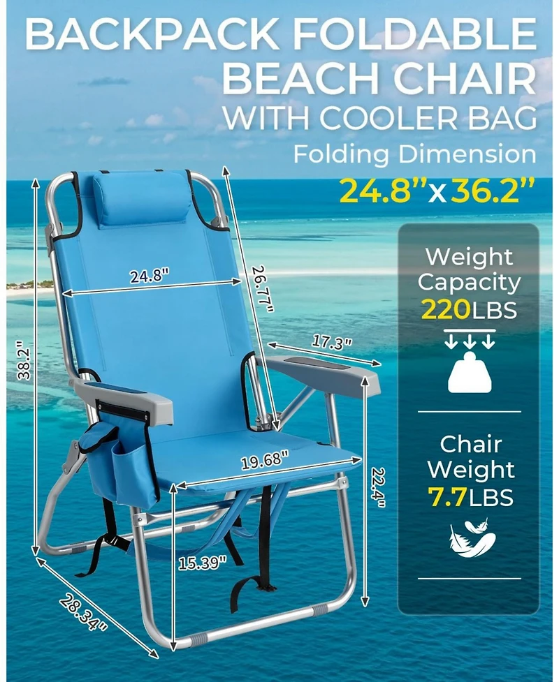 Aofar Beach Chair 5-Level Adjustable With Cooler Storage Bags
