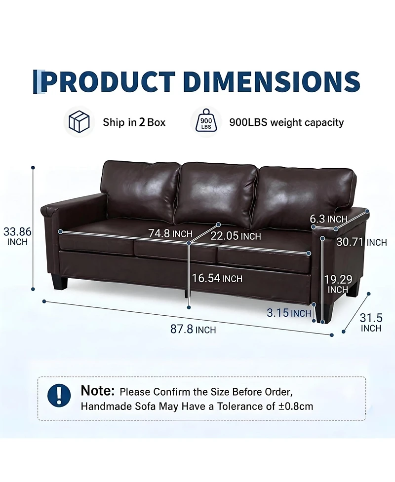 homfan 87.8 inch 3 Seater, Modern Faux Leather with 22 Deep Seat, Wide Square Arms, Firm Cushions, Heavy Duty Frame, Easy to Clean for Apartment