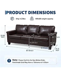 homfan 87.8 inch 3 Seater, Modern Faux Leather with 22 Deep Seat, Wide Square Arms, Firm Cushions, Heavy Duty Frame, Easy to Clean for Apartment