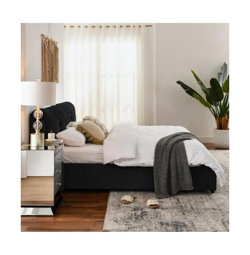 Lucky One King Size Storage Upholstered Hydraulic Platform Bed with Integrated Headboard, Chenille Fabric, No Box Spring Needed