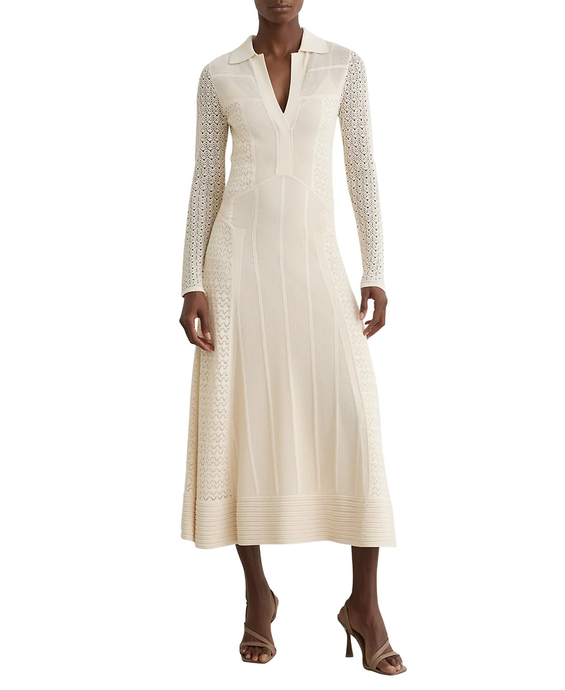 Reiss Women's Lindy Pointelle-Knit Long-Sleeve V-Neck Midi Dress