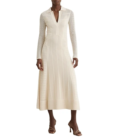 Reiss Women's Lindy Pointelle-Knit Long-Sleeve V-Neck Midi Dress