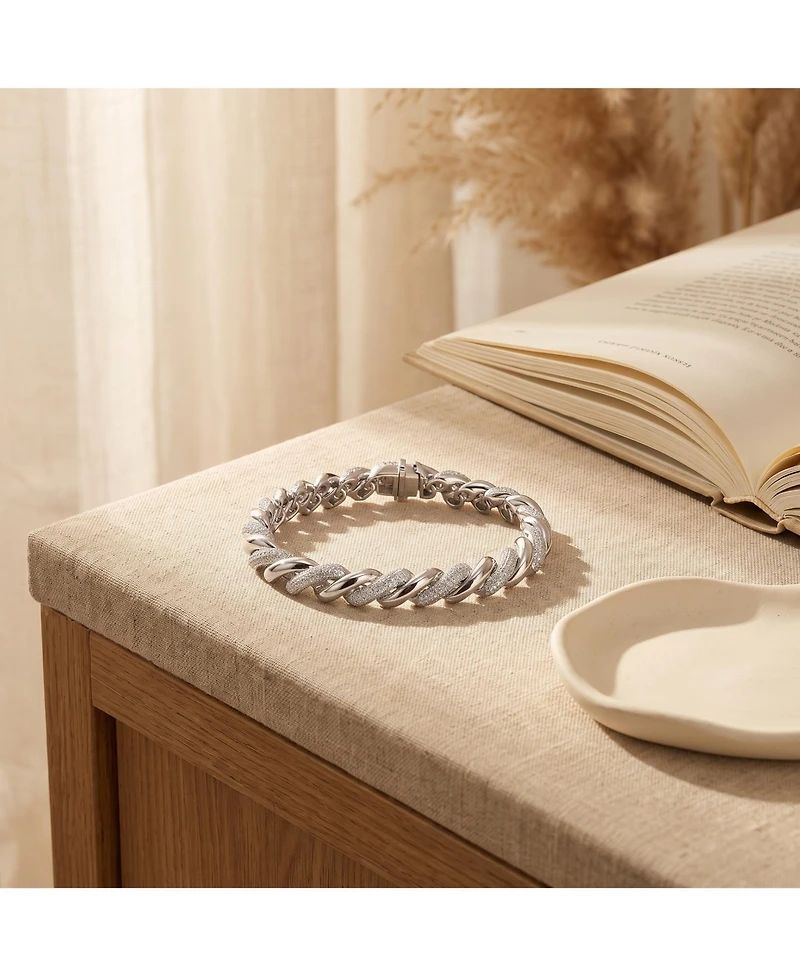 Sterling Silver White Gold Plated Clear Round Cubic Zirconia Wavy Twisted Bracelet
